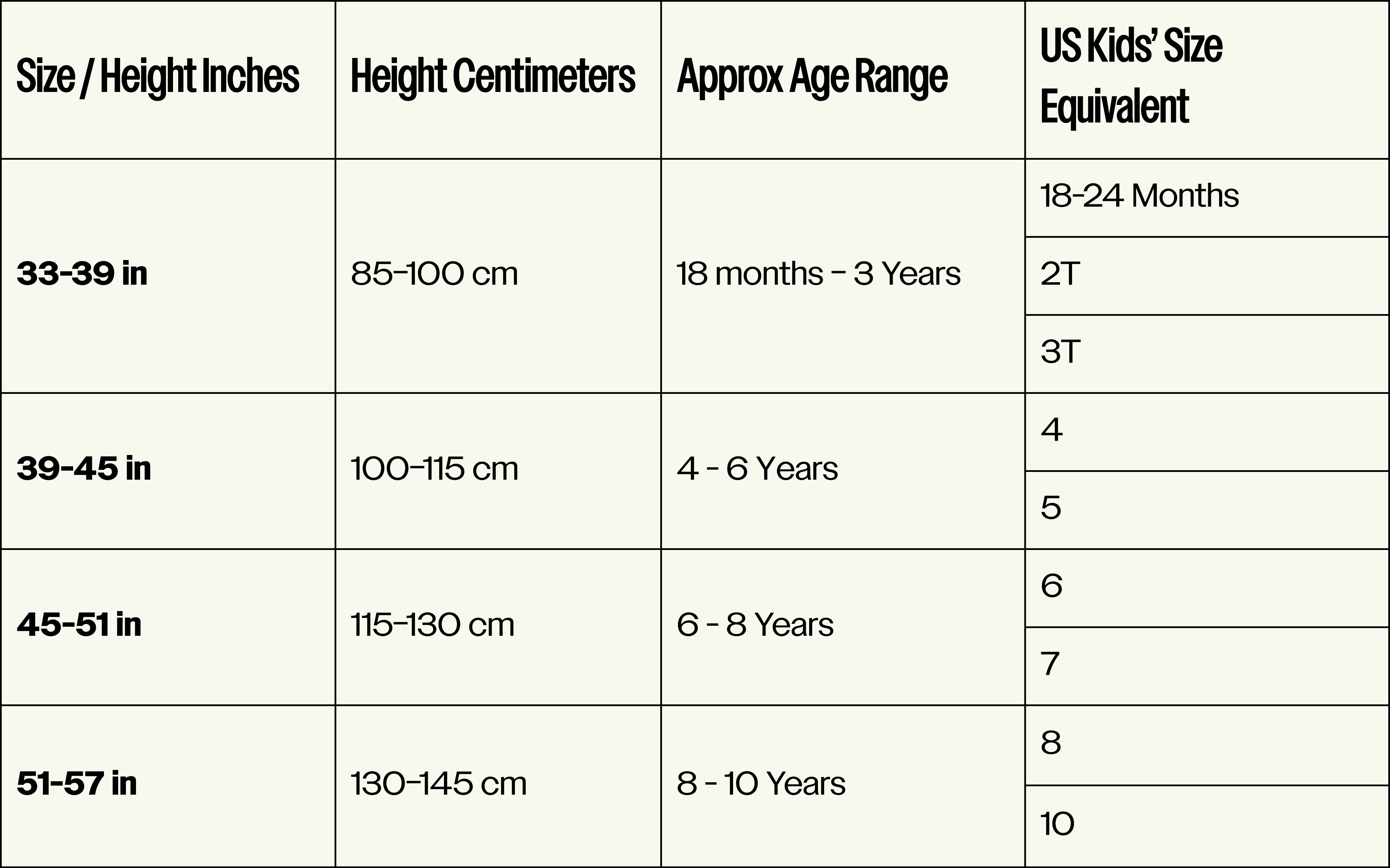 TwoThirtyTwo size guide table